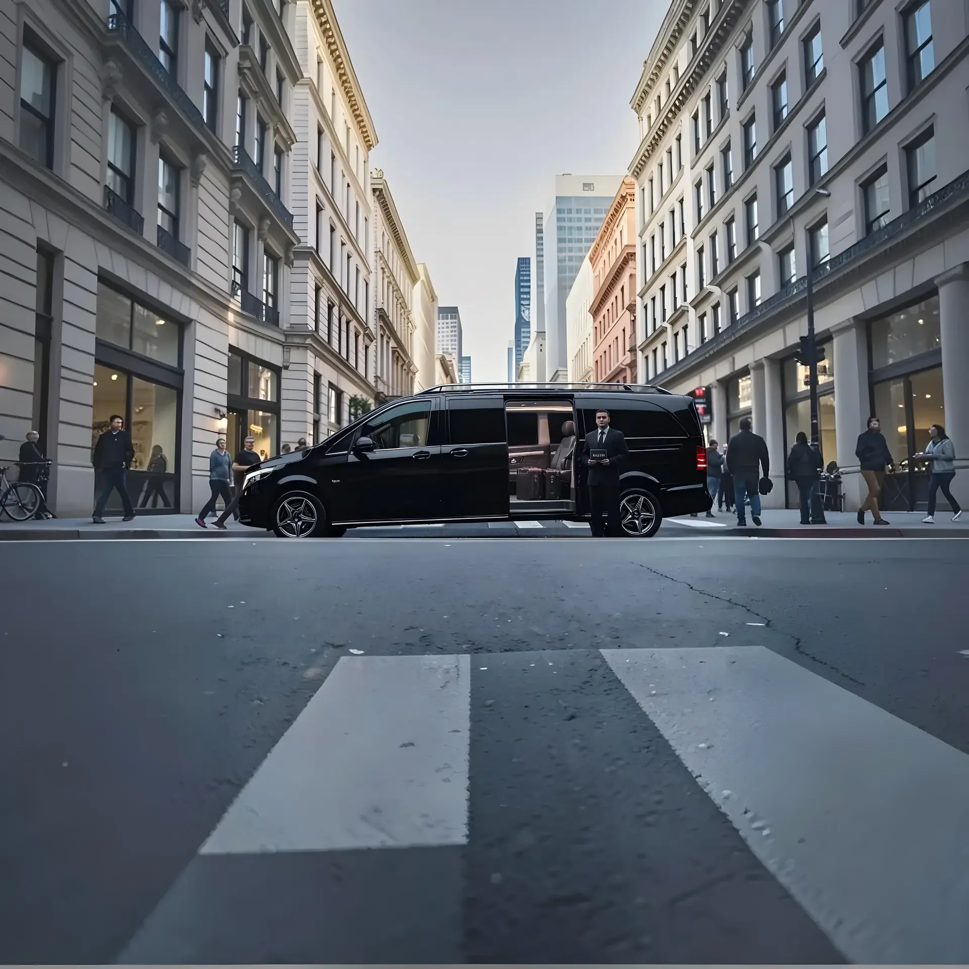 ShuttleVIP chauffeur in a suit with guest luggage beside a black Mercedes Vito
