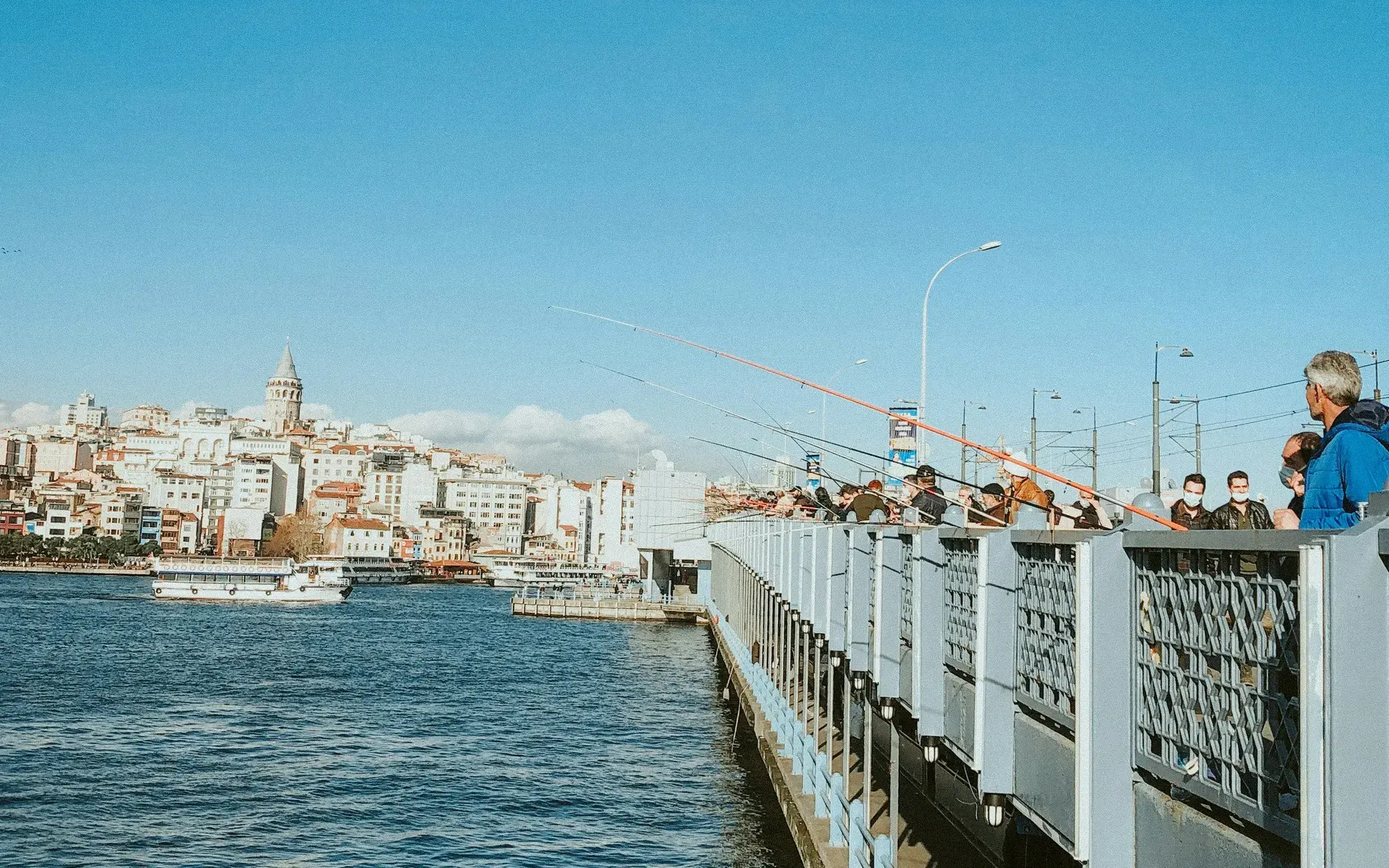 Galata Bridge and Galata Tower on a clear summer day over the Golden Horn
