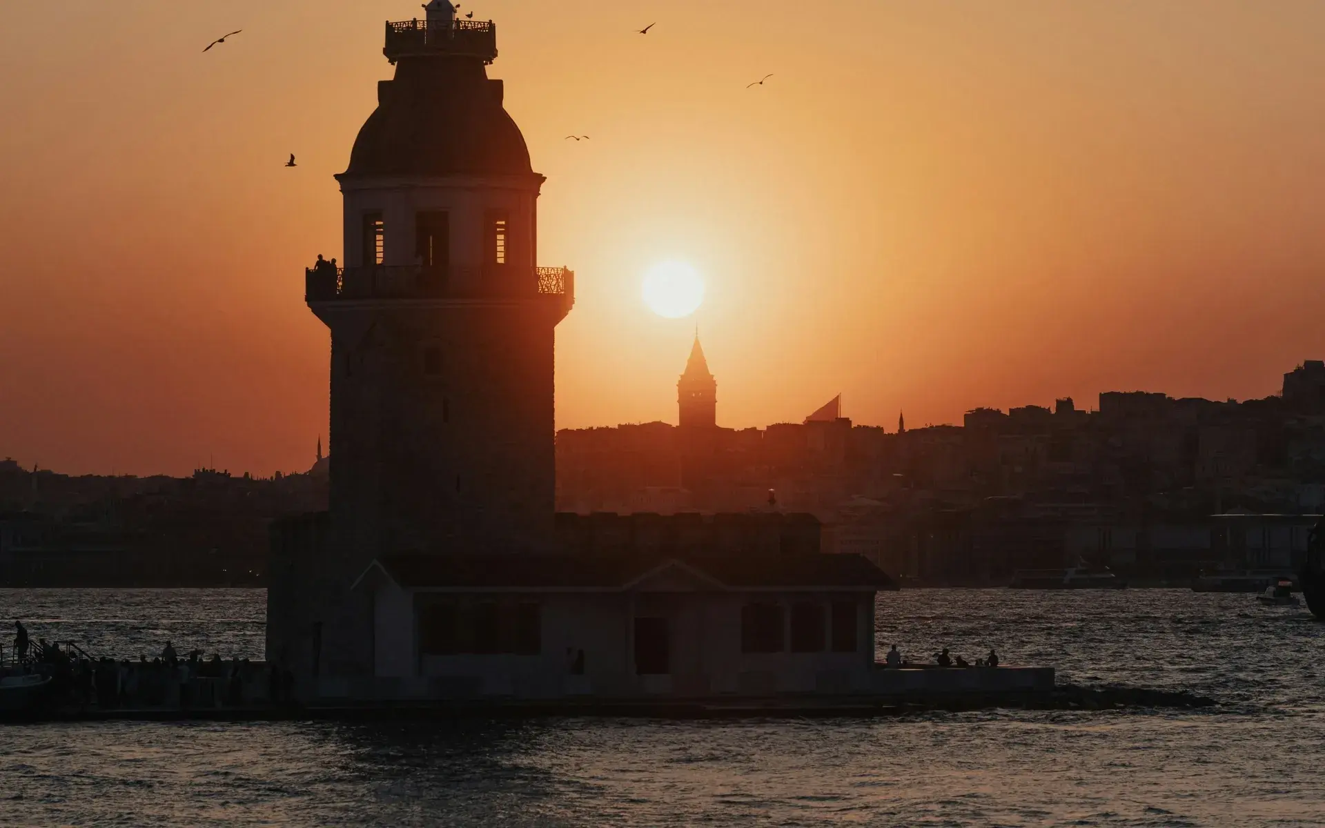 The Maiden's Tower silhouetted against the sunset on the Bosphorus