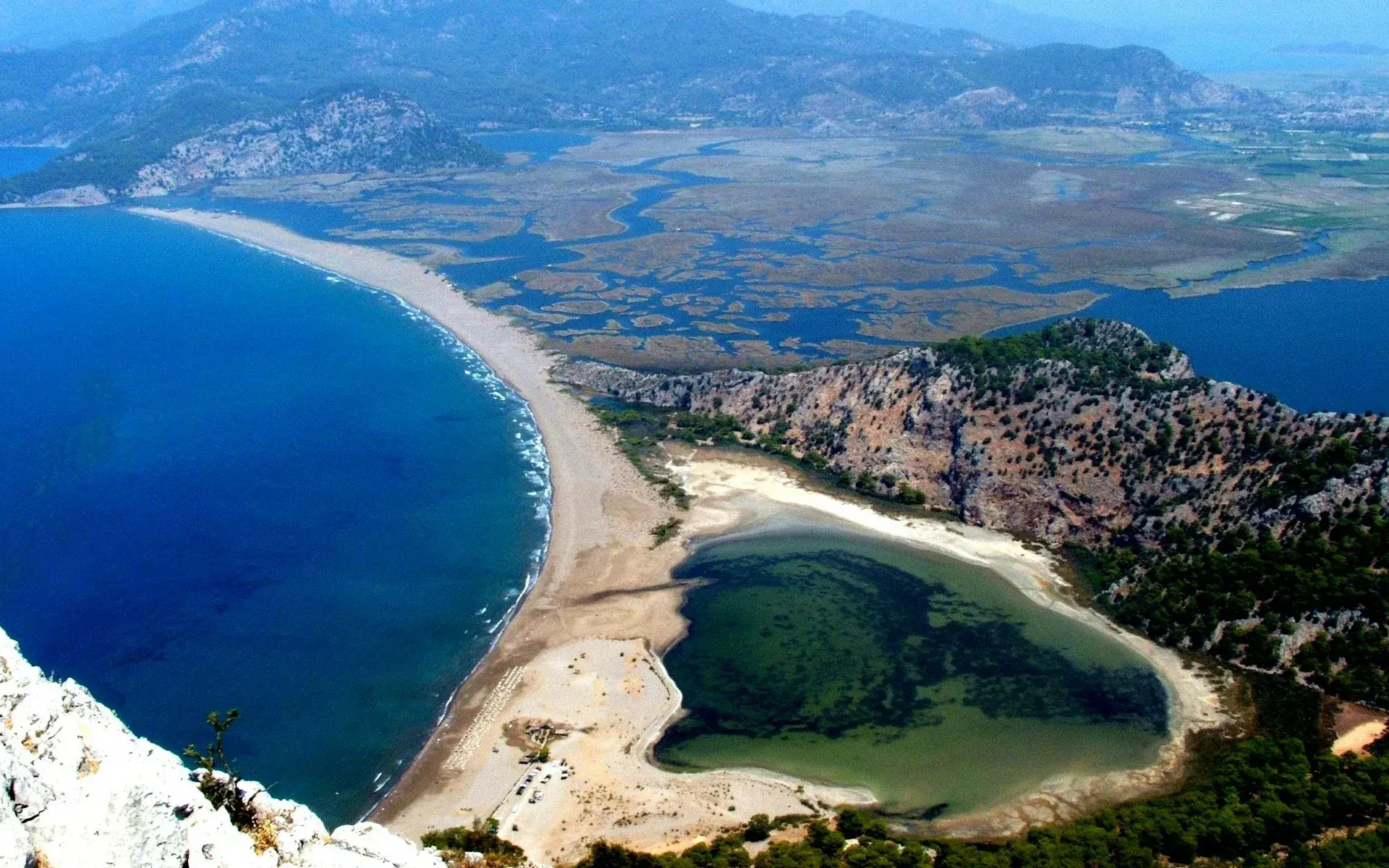 Aerial view of İztuzu beach where the Dalyan delta meets the sea