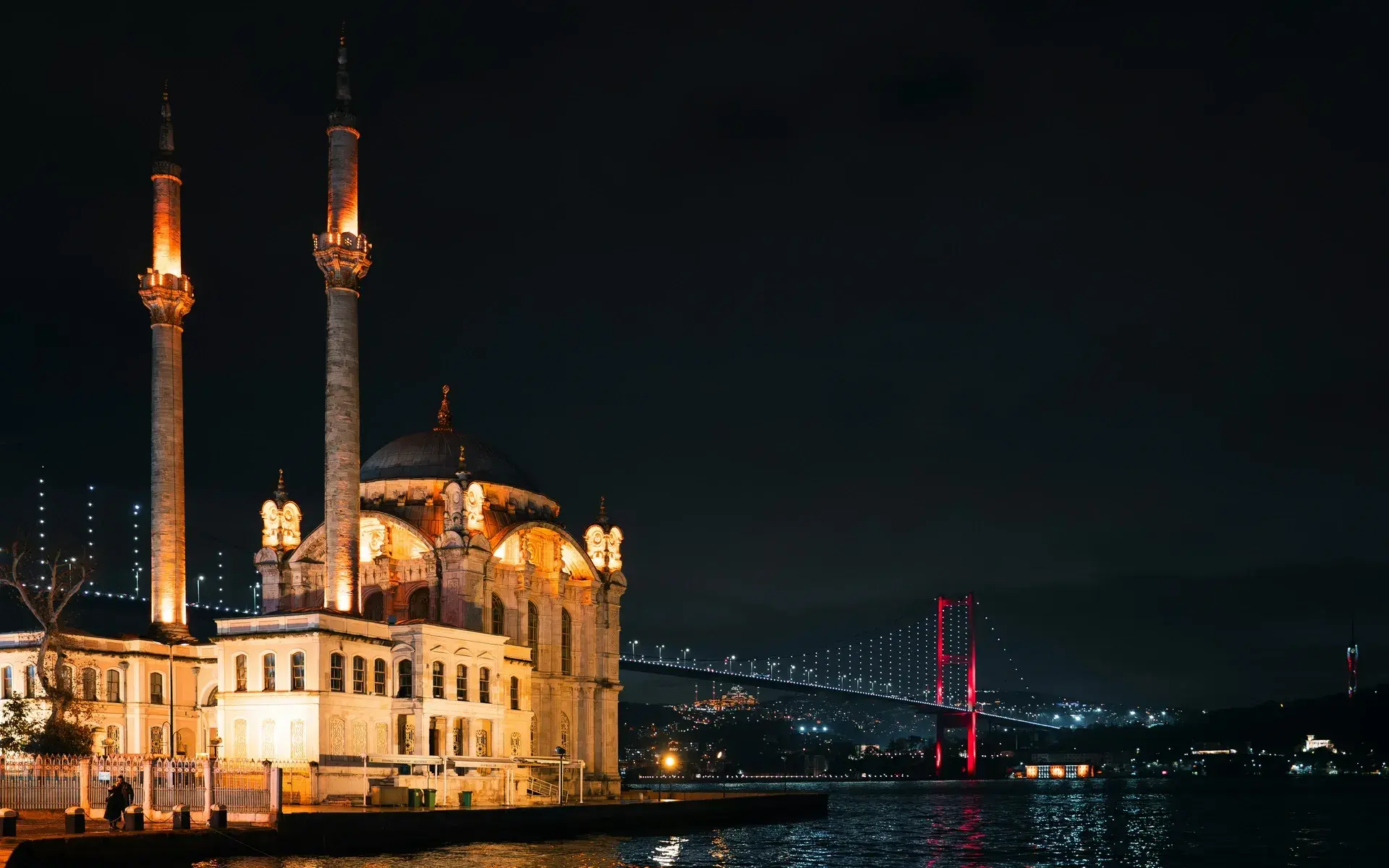 Ortaköy Mosque and the 15 Temmuz Şehitler Bridge lit up at night on the Bosphorus
