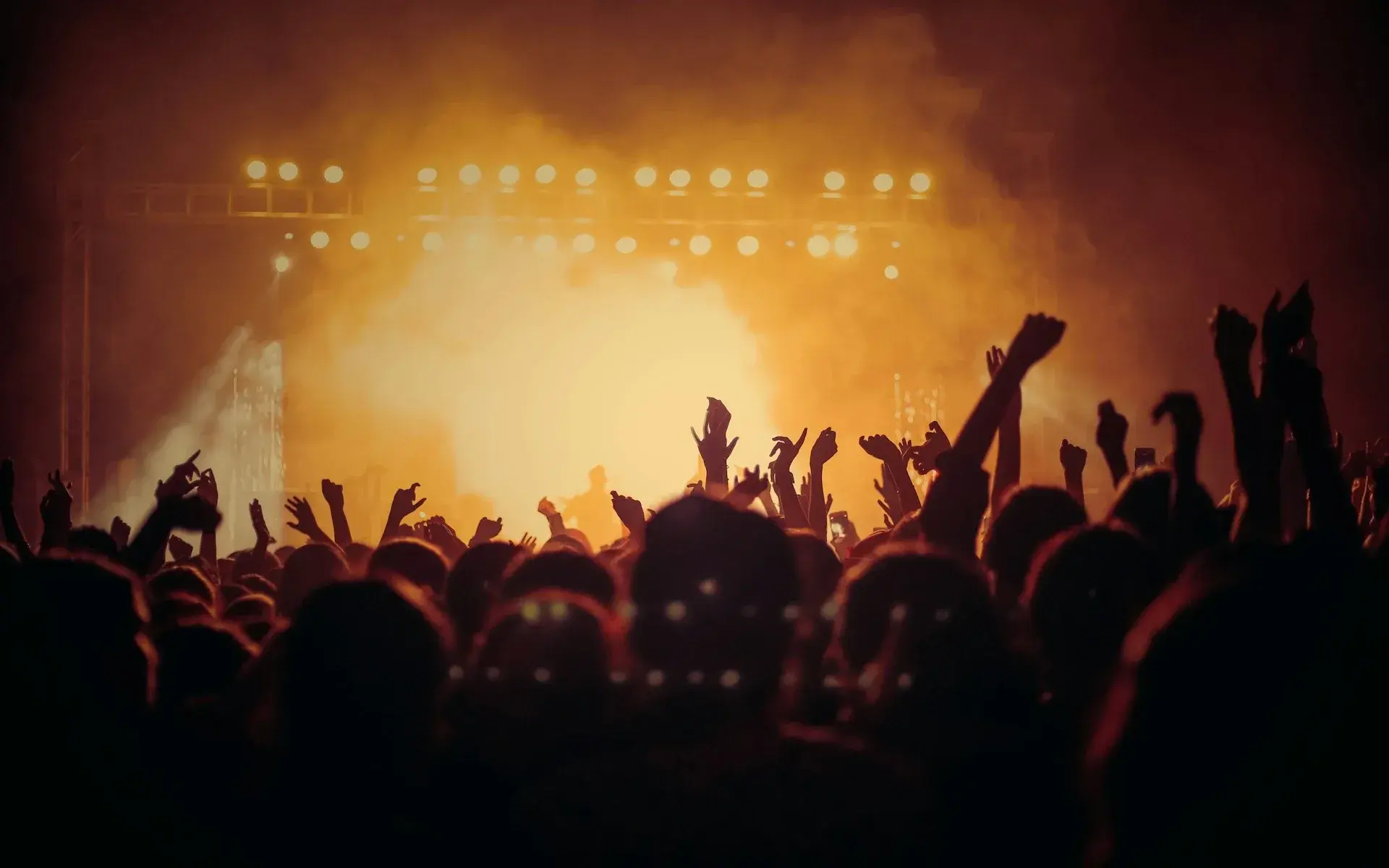 Silhouettes of a festival crowd under warm stage light