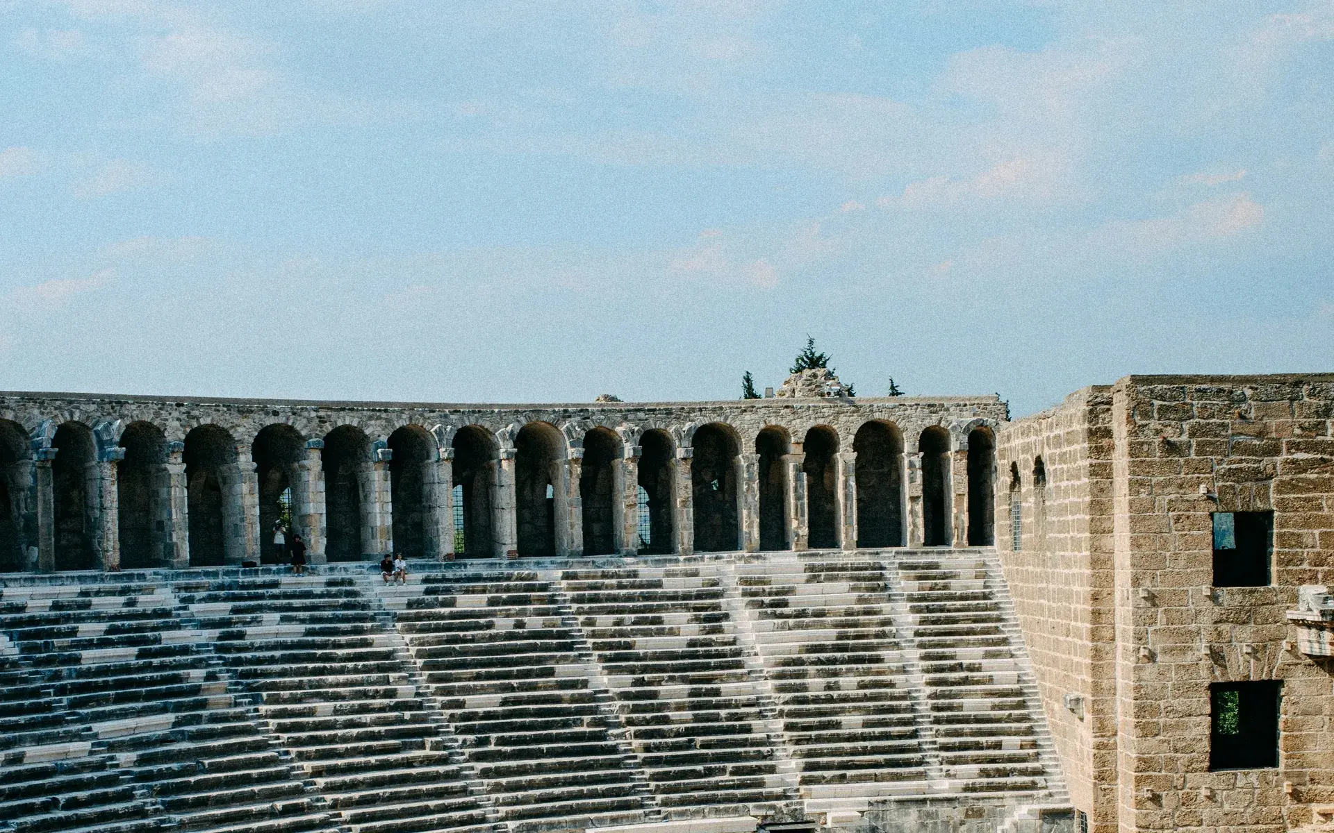 The tiered seating and arcaded gallery of the Roman theatre at Aspendos