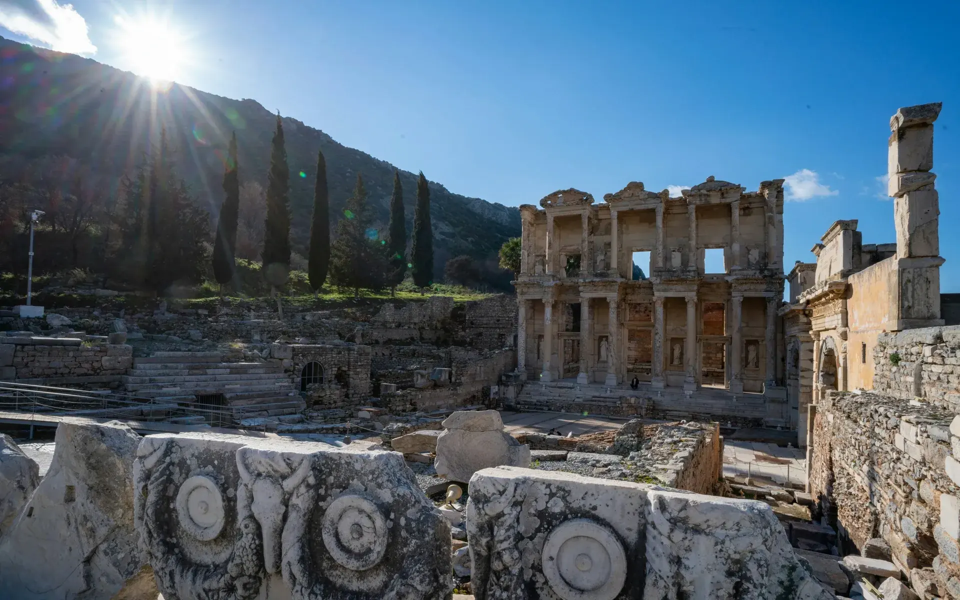 The Library of Celsus in the ancient city of Ephesus under a bright sky
