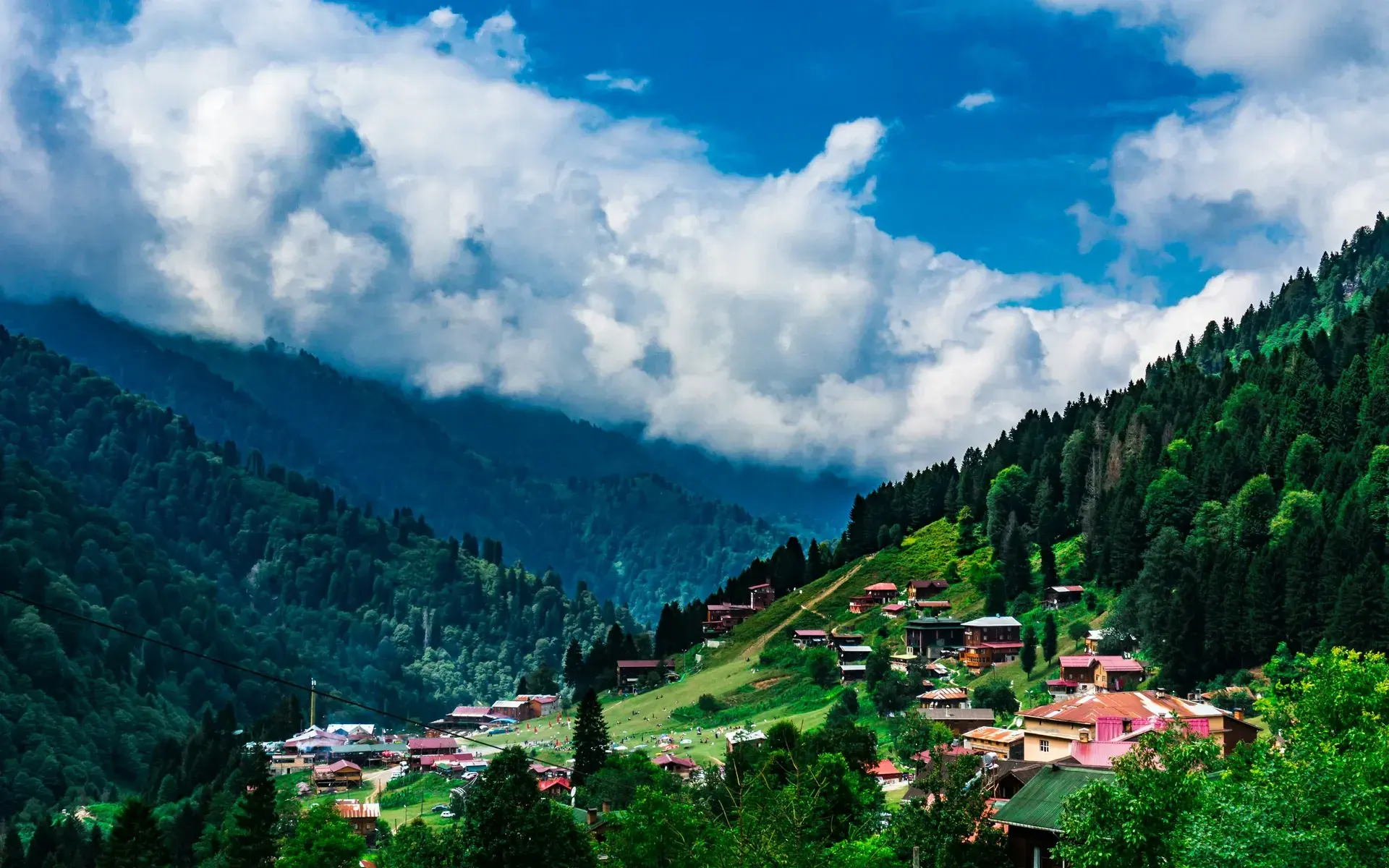 Wooden houses of Ayder plateau among forested mountains above Rize