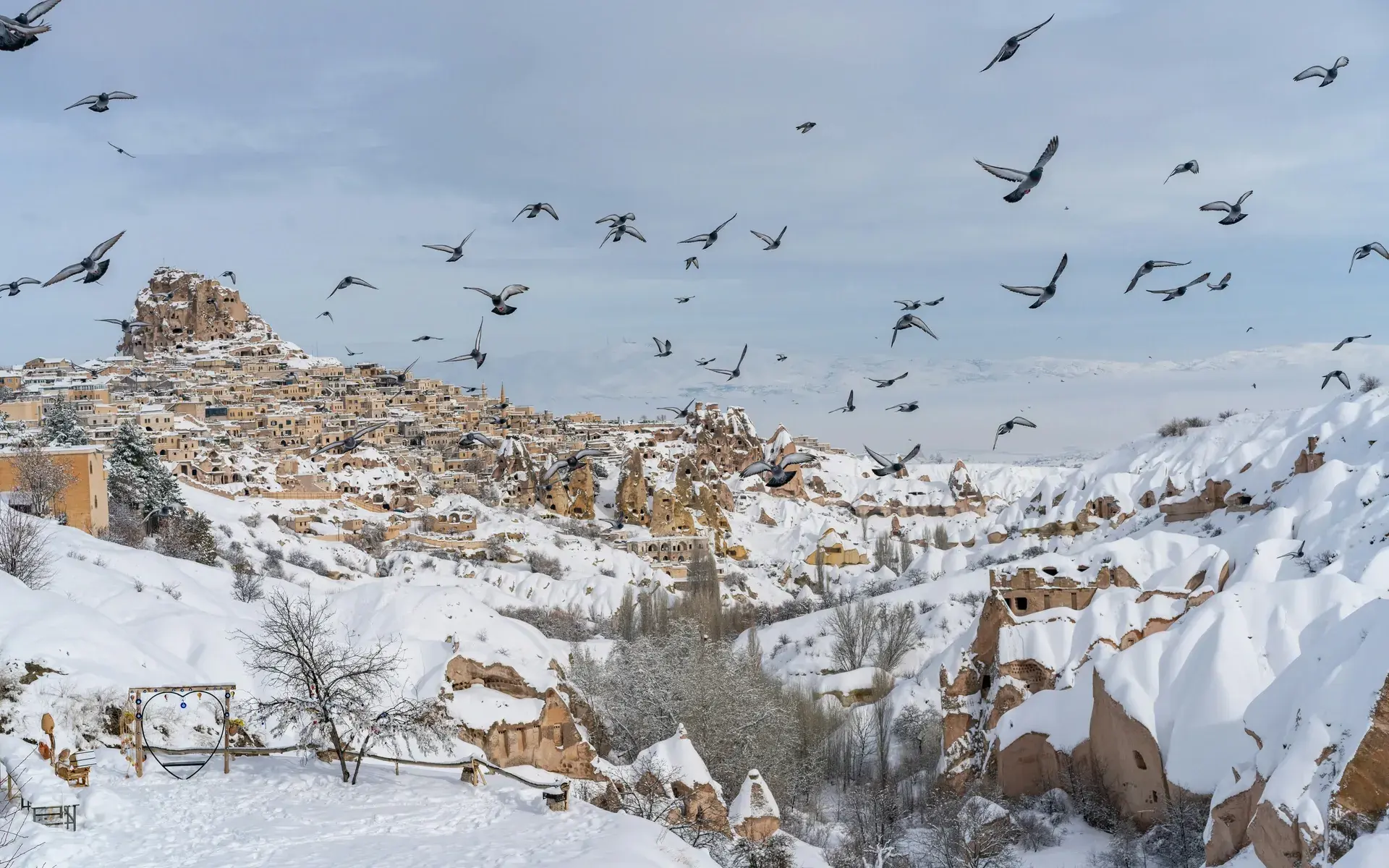 Uçhisar Castle and the snow-covered valleys of Cappadocia with a flock of pigeons
