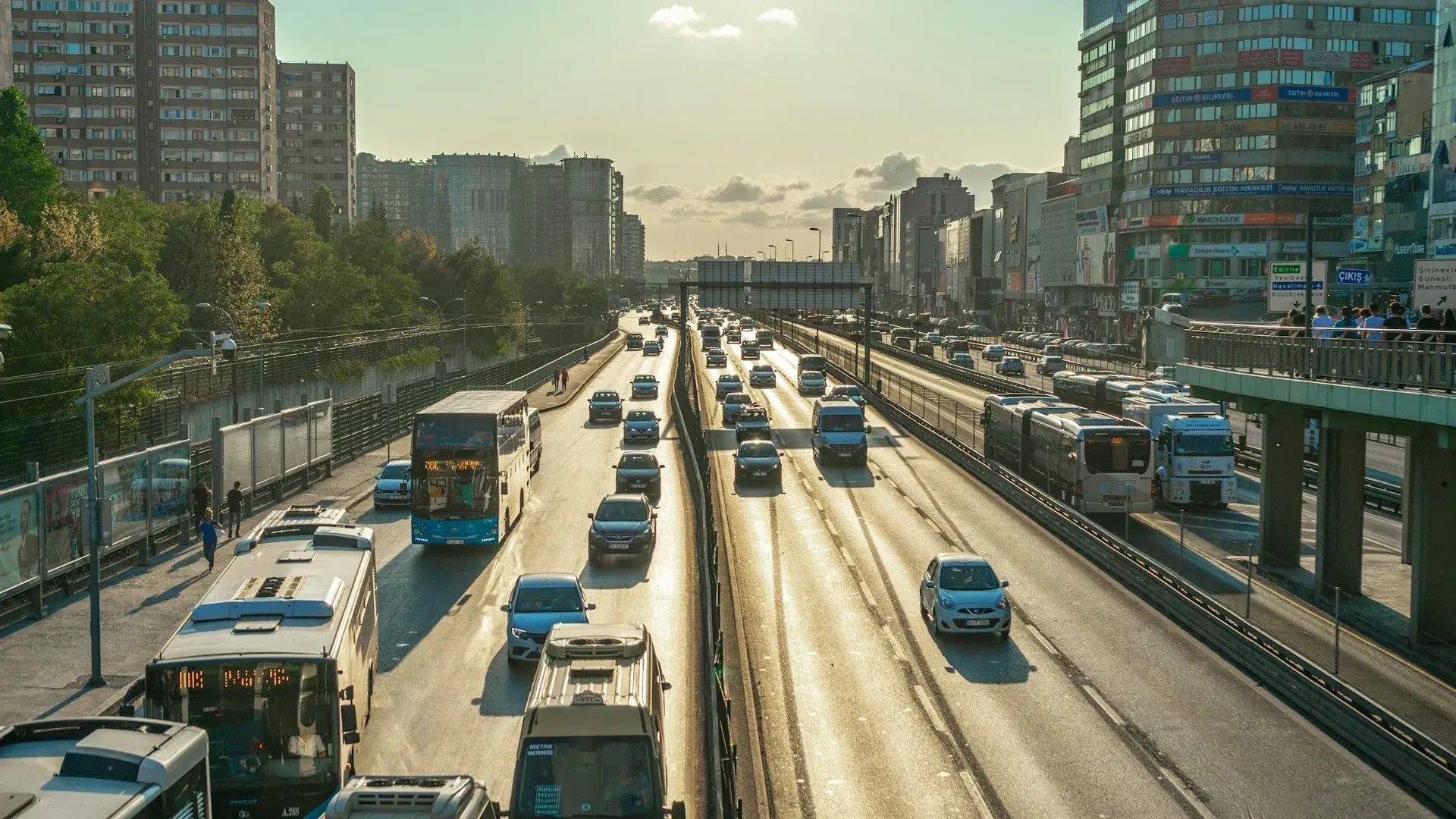 Traffic and city buses on an Istanbul motorway