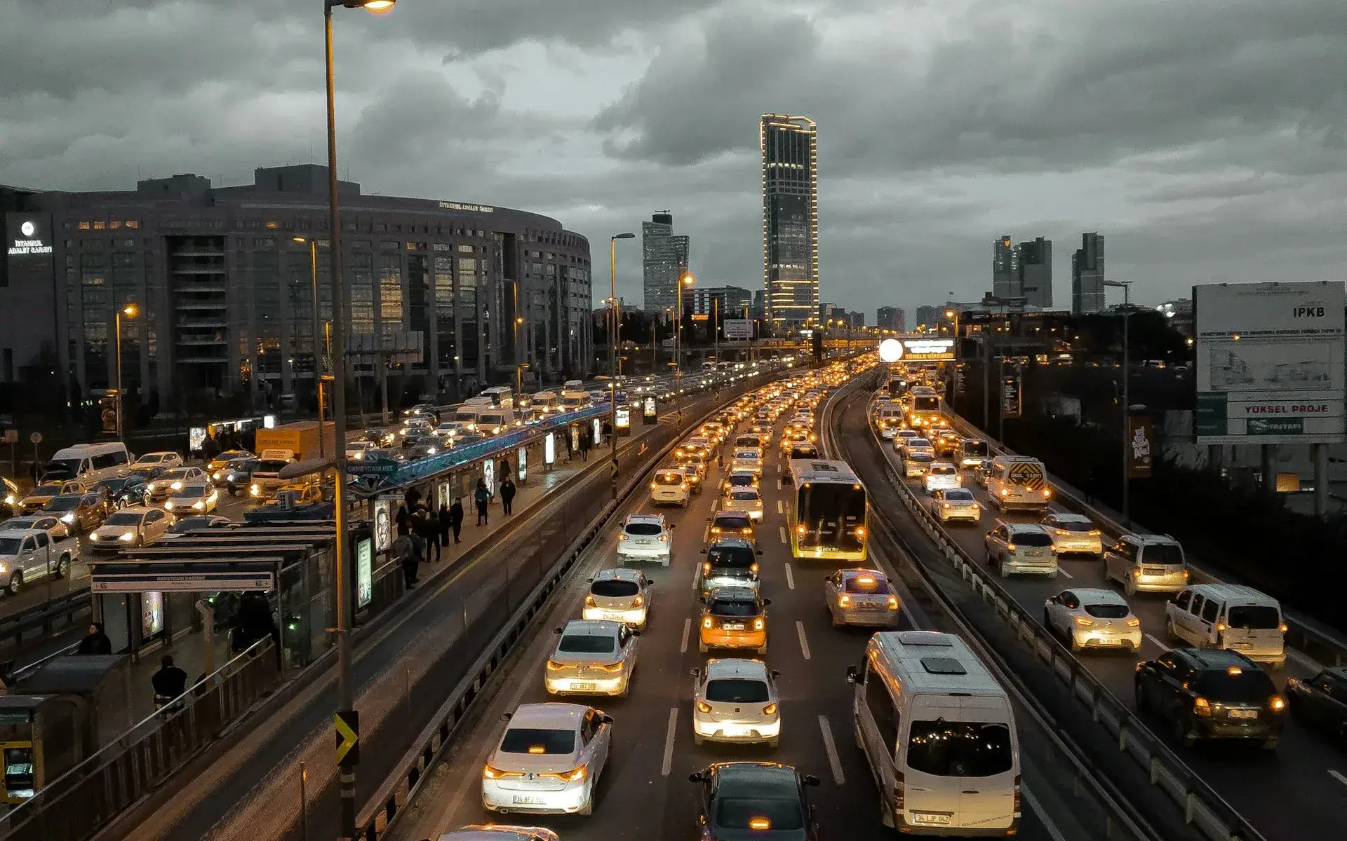 Dense traffic on an Istanbul motorway at dusk