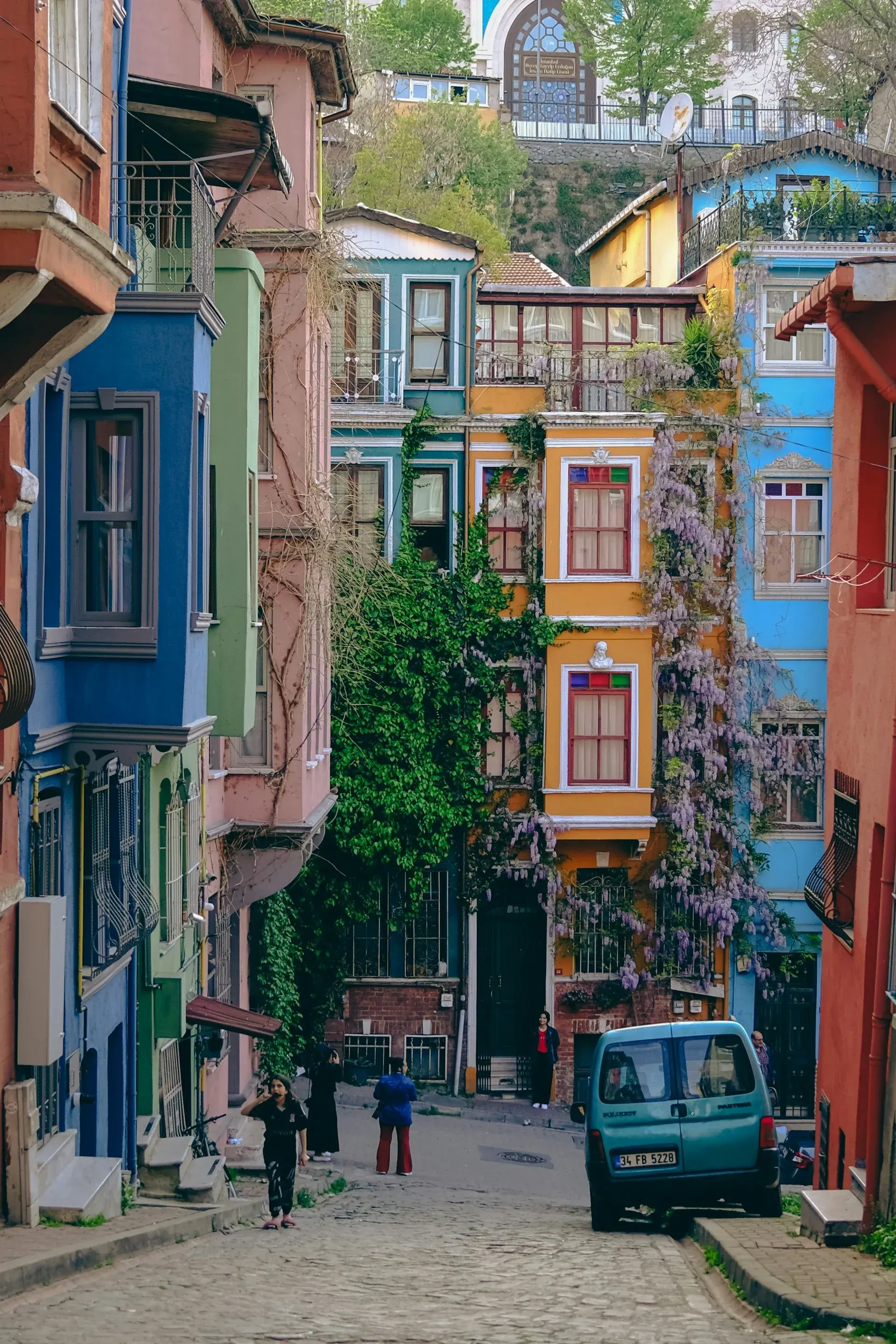 A row of restored colourful houses on a Balat street
