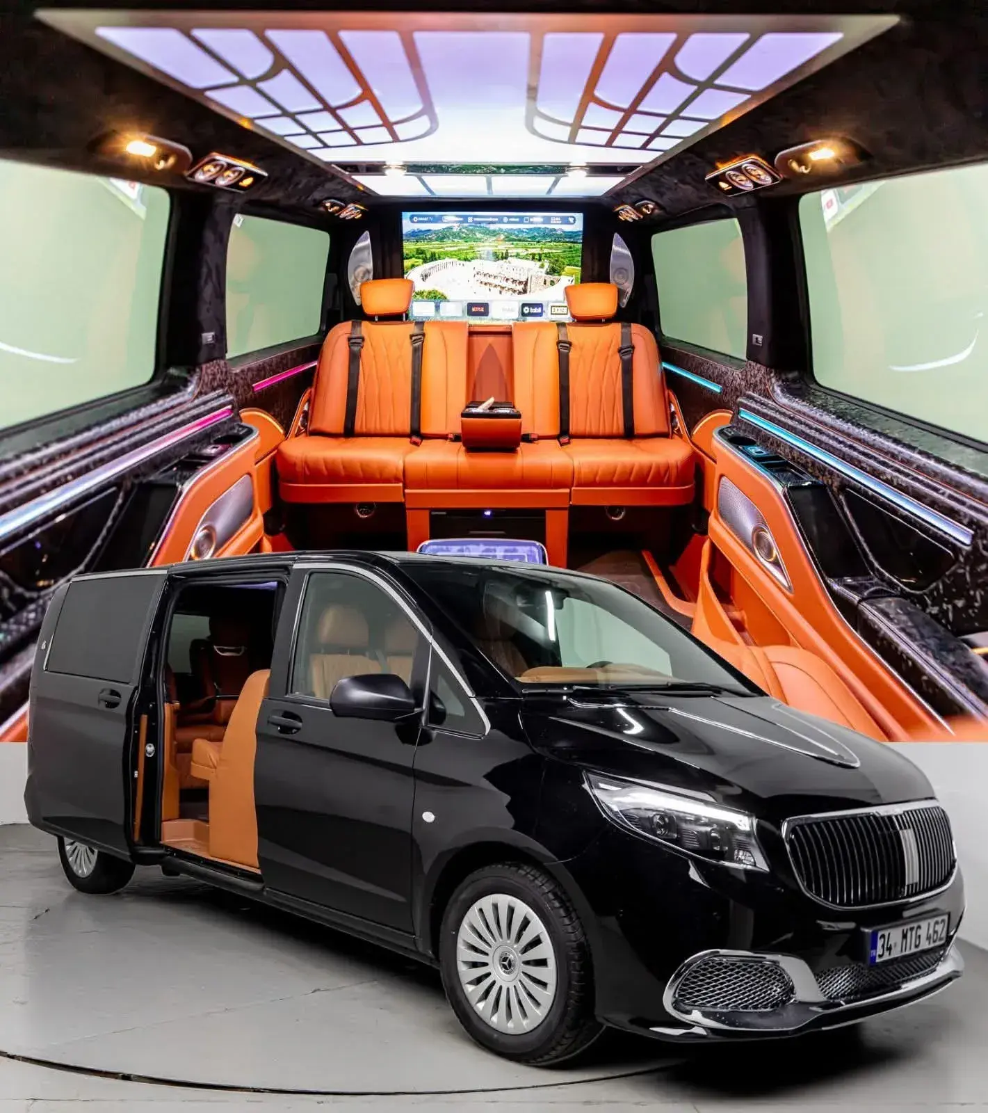 Black Mercedes Vito VIP van with bespoke orange leather lounge interior